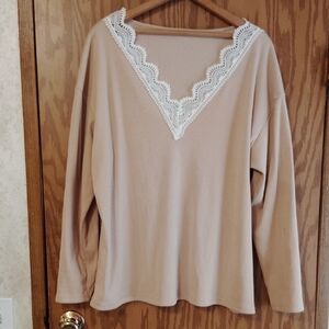 Beige V-Neck Top with White Lace Trim